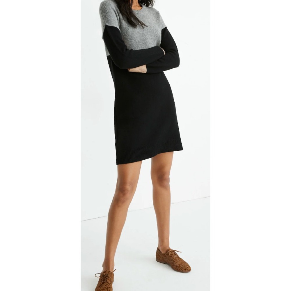 Madewell Cozy Merino Wool Sweater Dress  XXS Black/Grey Colorblock Casual Preppy
